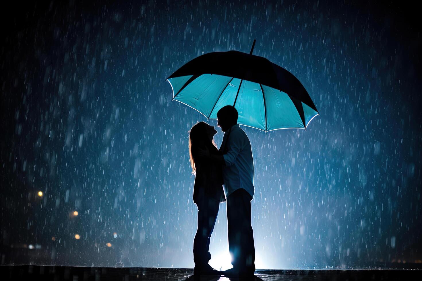 Silhouette a couple standing under an umbrella in the rain. photo