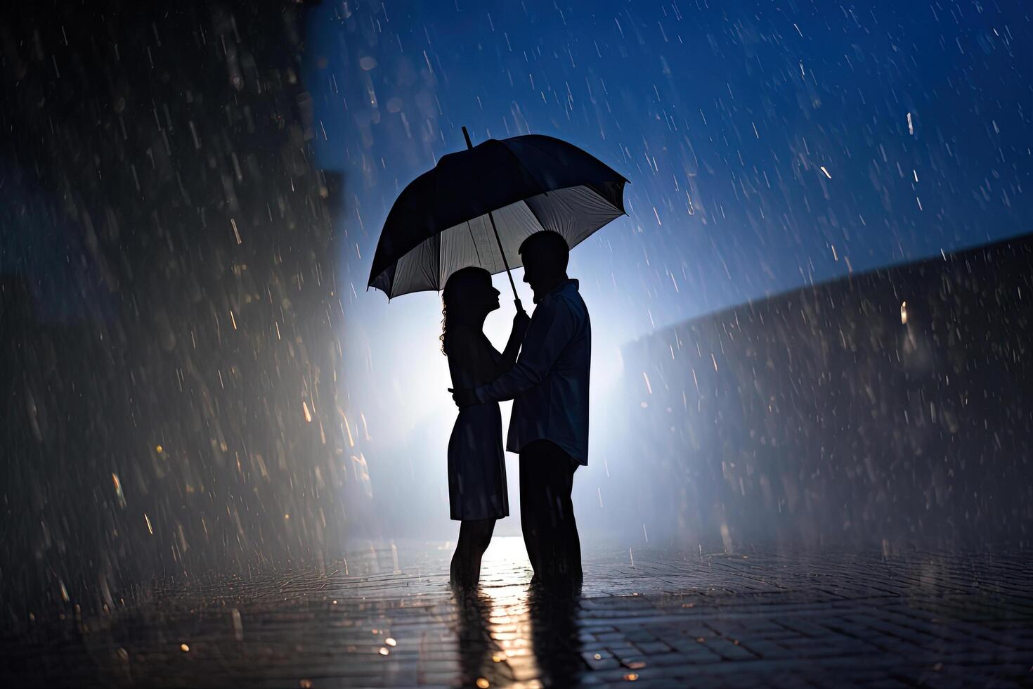 Silhouette a couple standing under an umbrella in the rain. photo