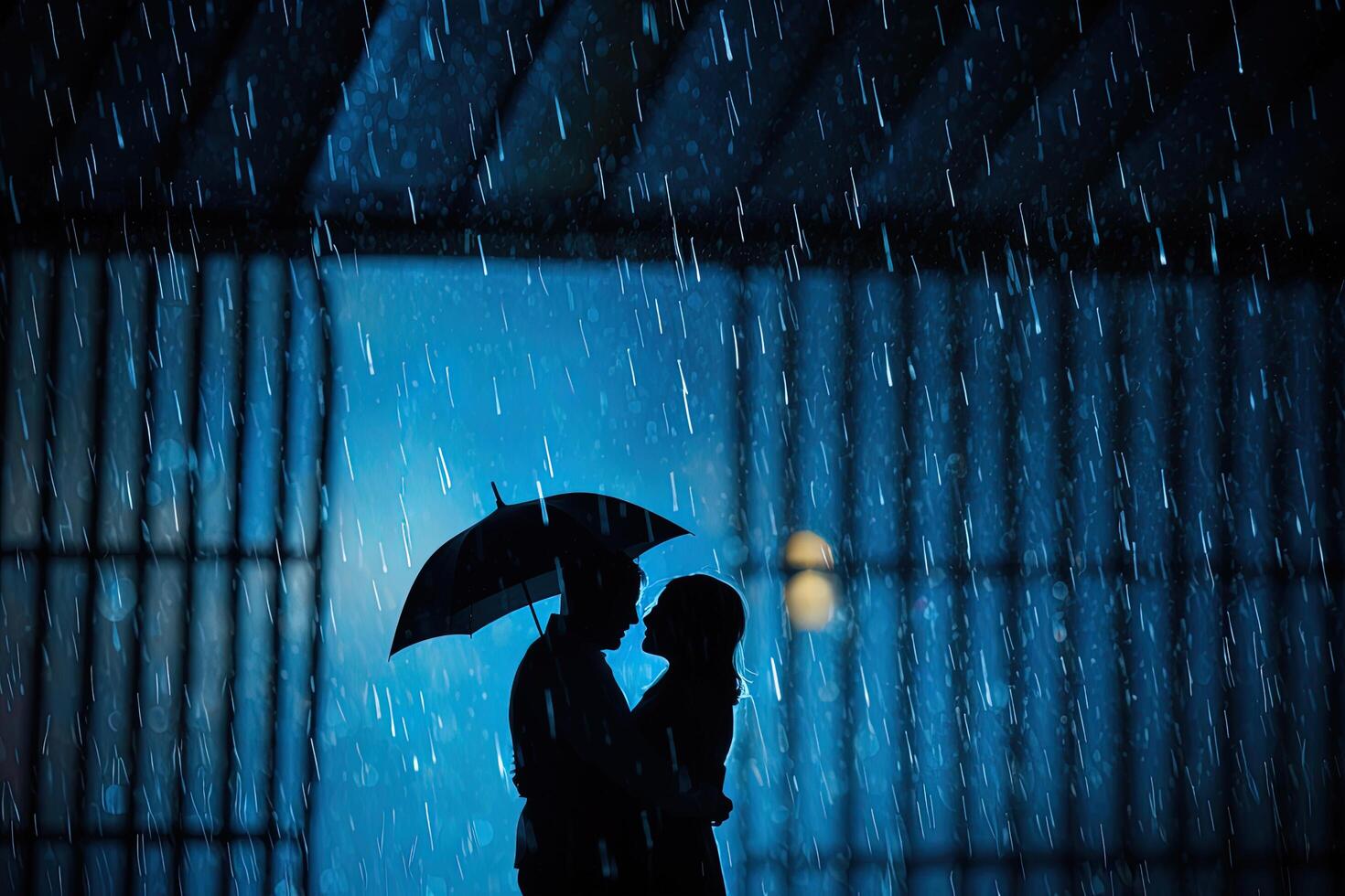 Silhouette a couple standing under an umbrella in the rain. photo