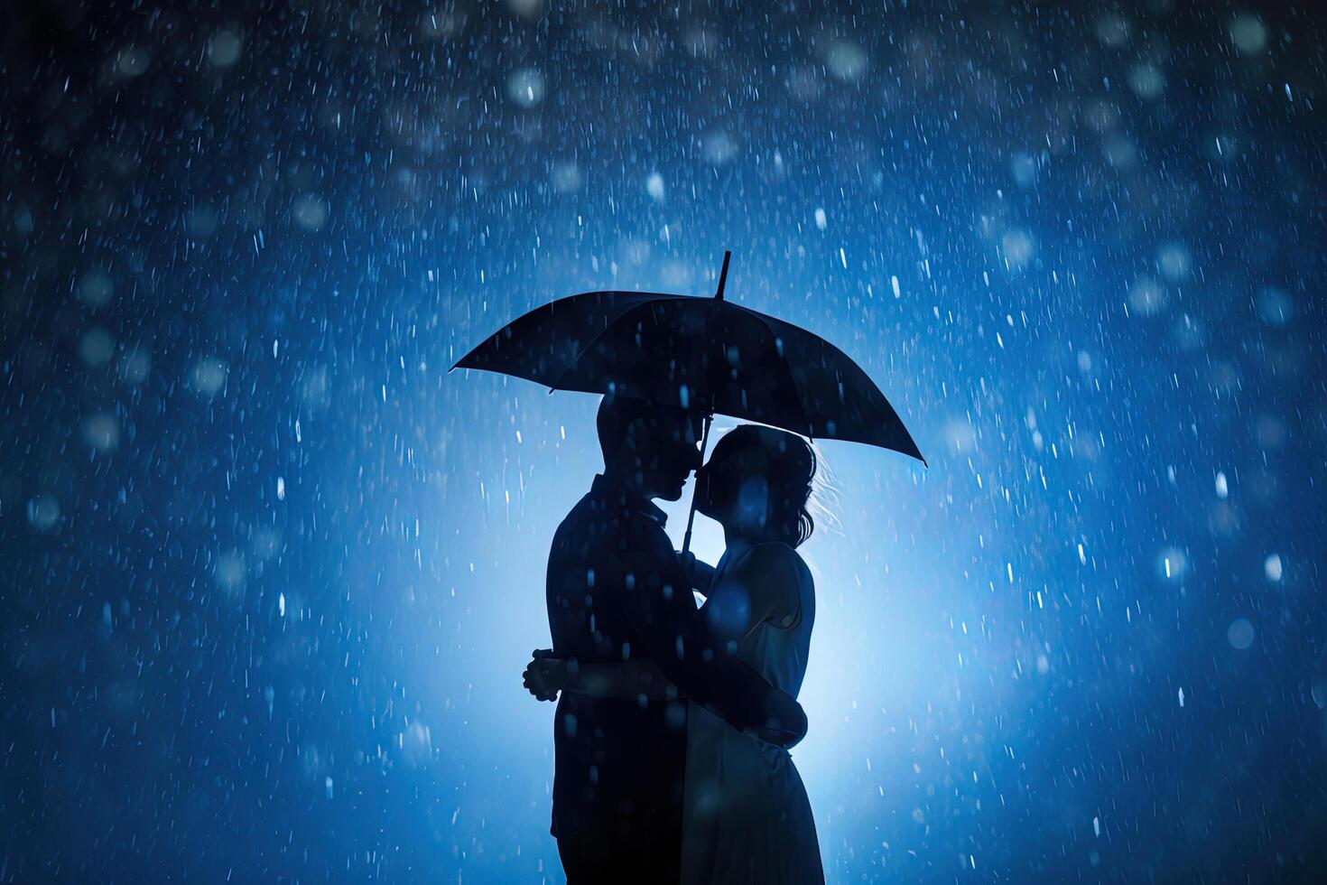 Silhouette a couple standing under an umbrella in the rain. photo