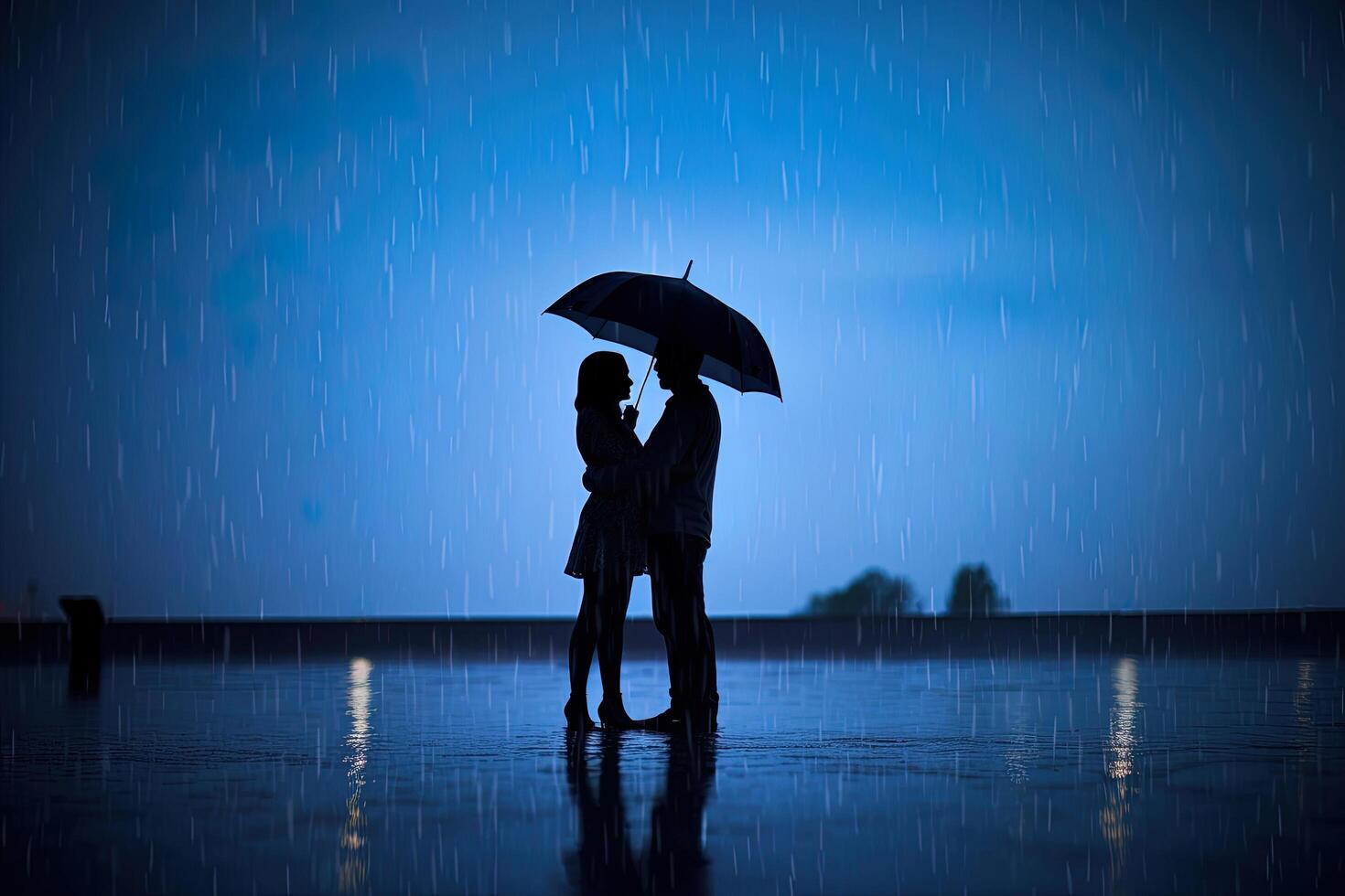 Silhouette a couple standing under an umbrella in the rain. photo