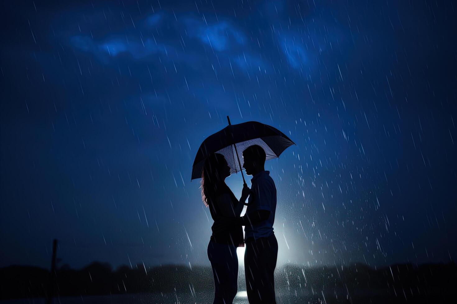 Silhouette a couple standing under an umbrella in the rain. photo