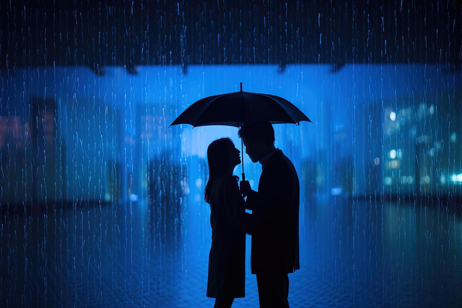 silueta un Pareja en pie debajo un paraguas en el lluvia. ai generado foto