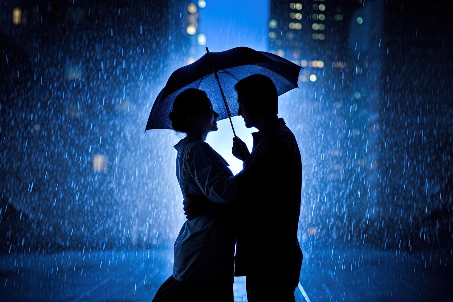 Silhouette a couple standing under an umbrella in the rain. photo