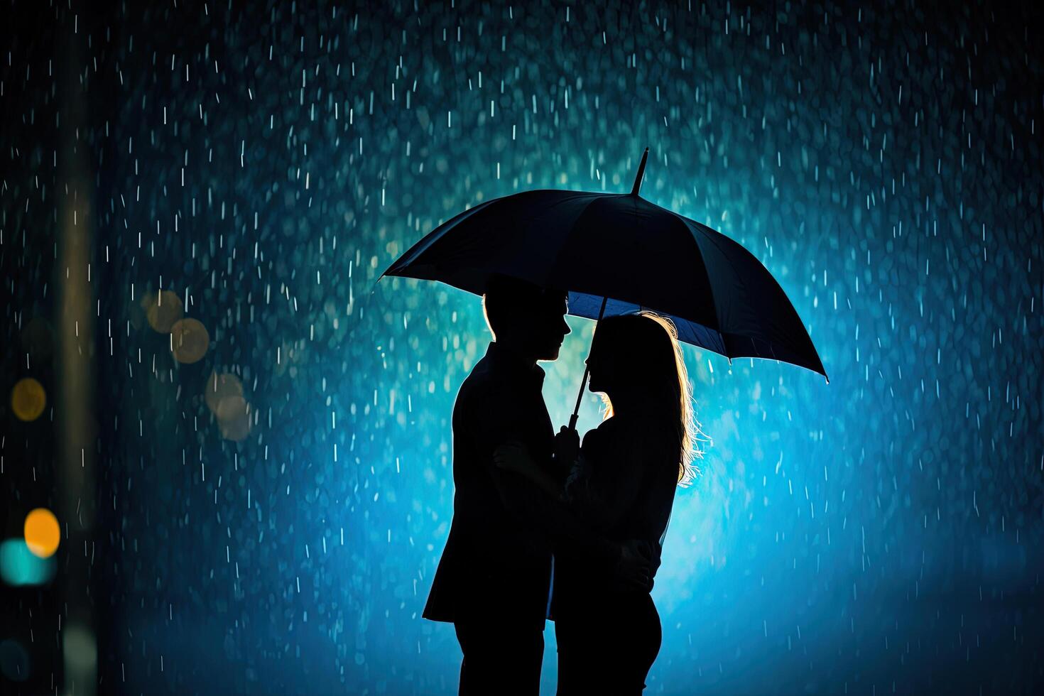 Silhouette a couple standing under an umbrella in the rain. photo