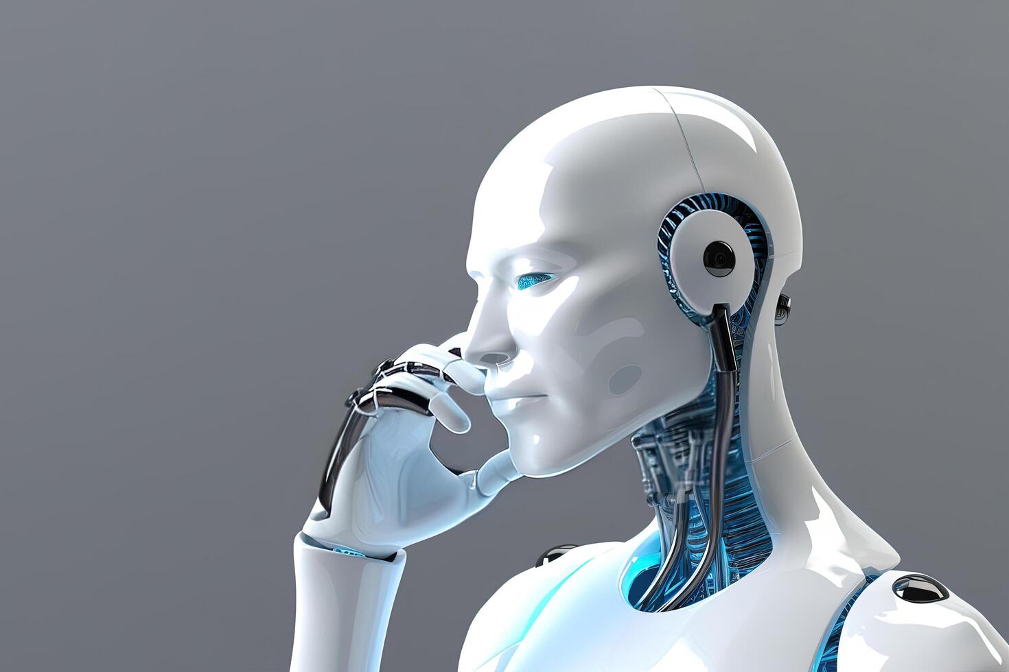 White humanoid robot thinking and touching his head. photo