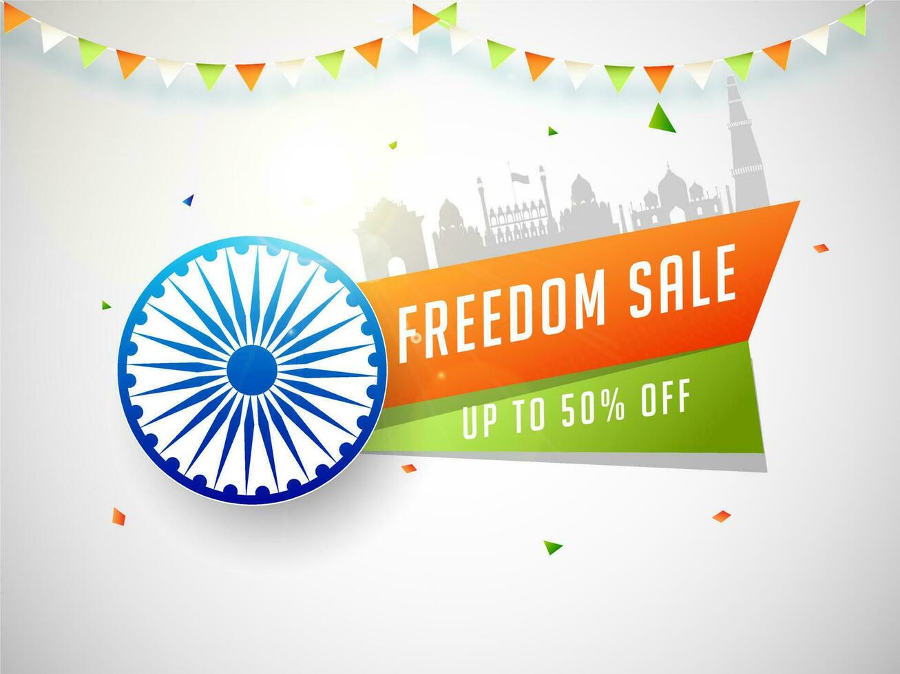 Modern strips for text Freedom Sale on white background with Ashoka wheel. Sale design poster or banner for Independence Day Celebration. vector
