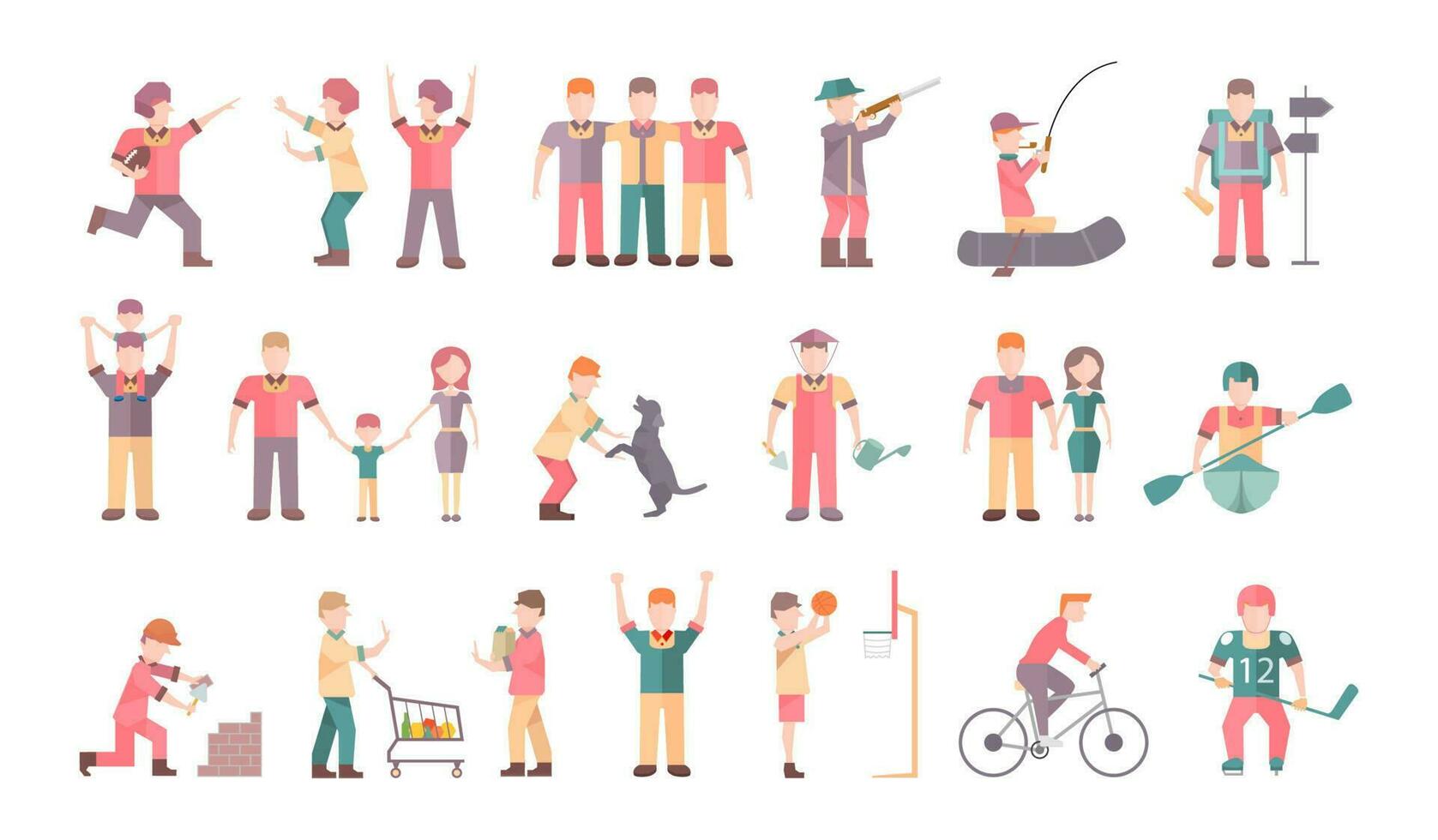 People in different situations and poses. Friends, family, couple, hobby, sport. Flat icons. Vector illustration.