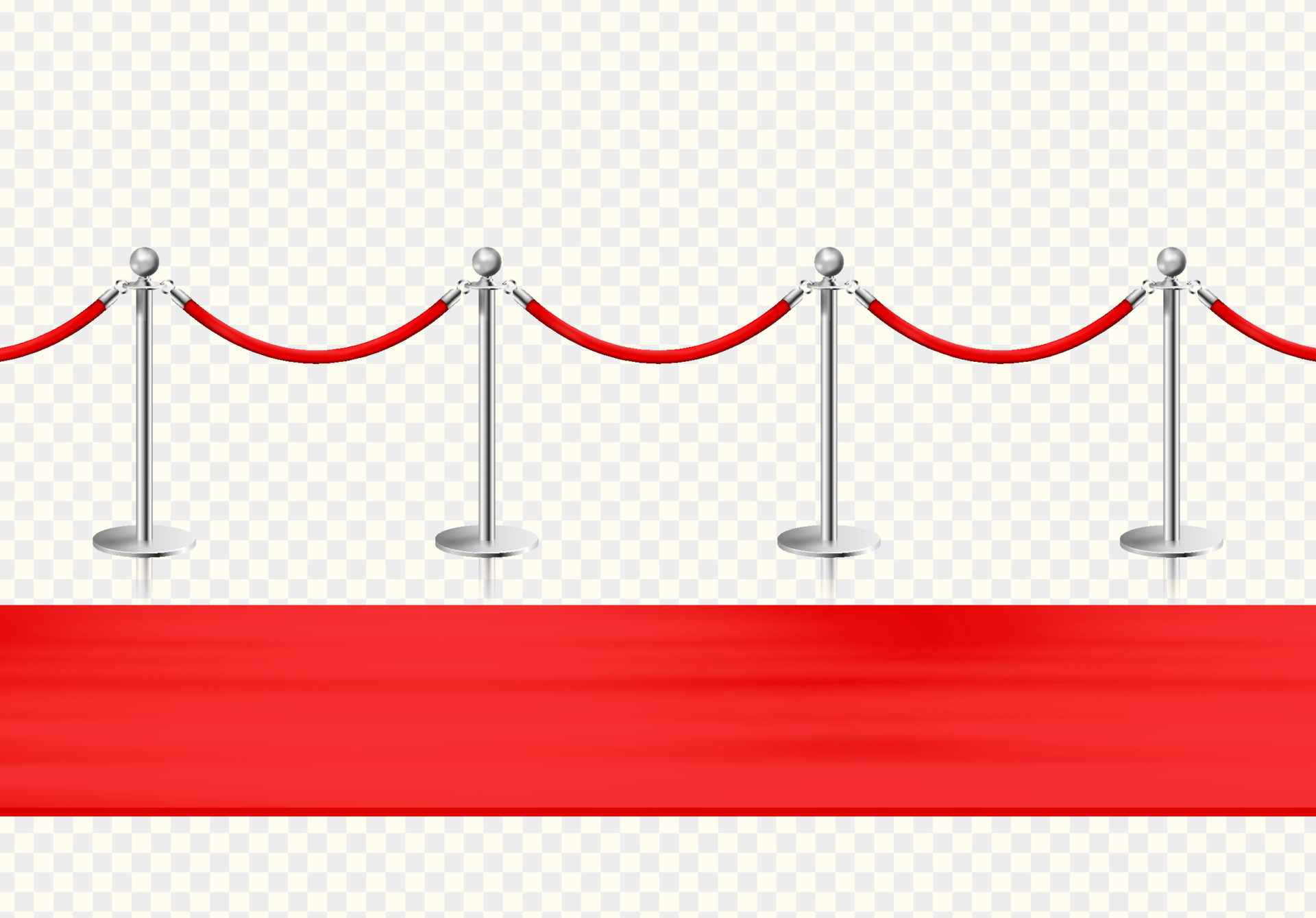 Red carpet and silvery barriers front view. Realistic isolated fence. Vector illustration