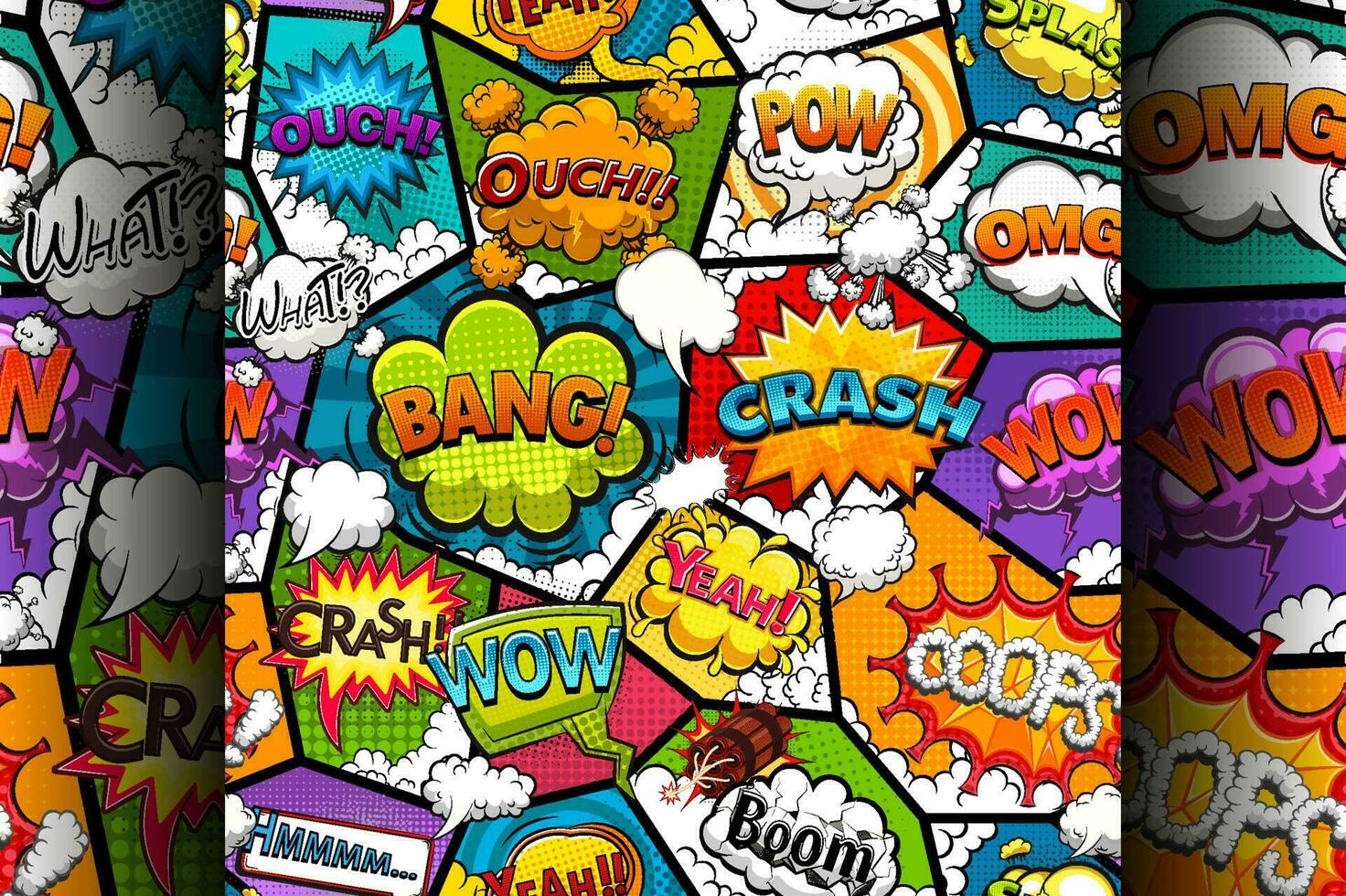Comic book page divided by lines seamless pattern with speech bubbles and rocket. Vector illustration