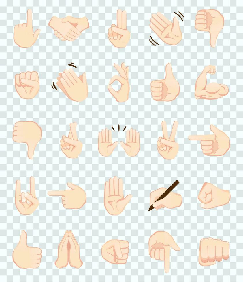 Hand gesture emojis icons collection. Handshake, biceps, applause, thumb, peace, rock on, ok, folder hands gesturing. Set of different emoticon hands isolated vector. vector