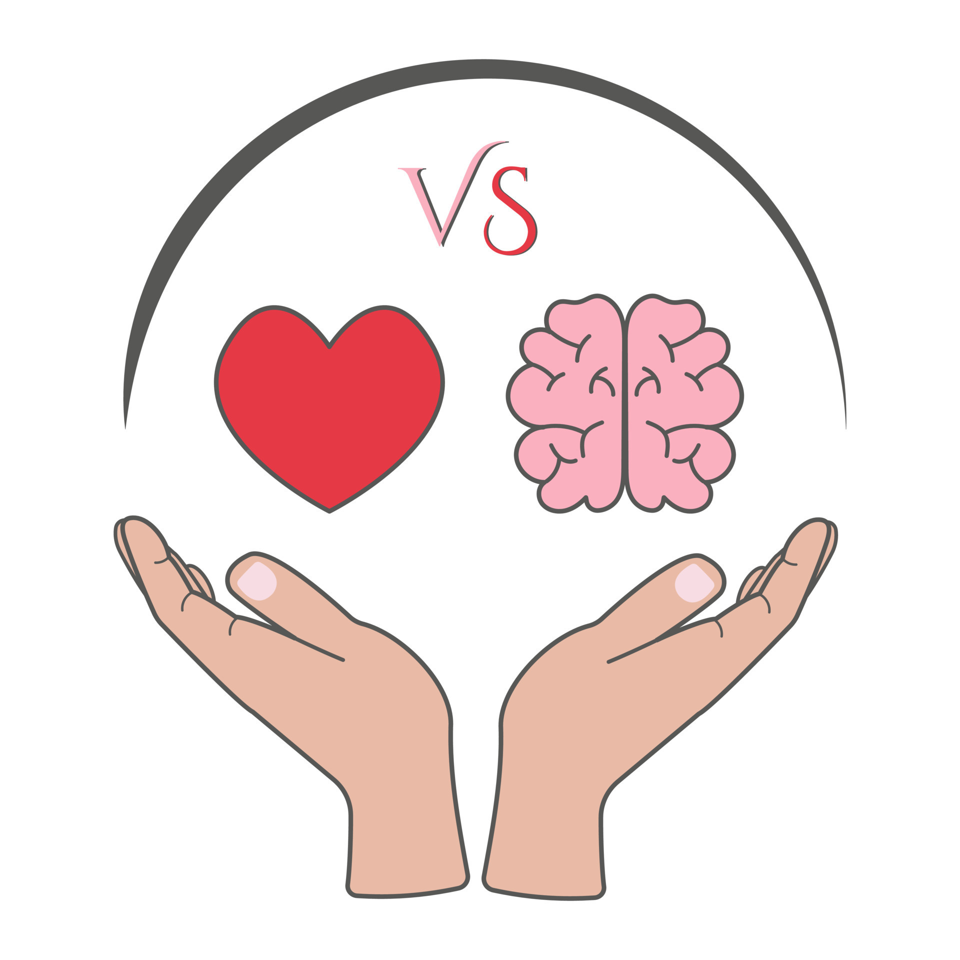 Hands holds heart and brain. Balance of mind and feelings concept. Flat