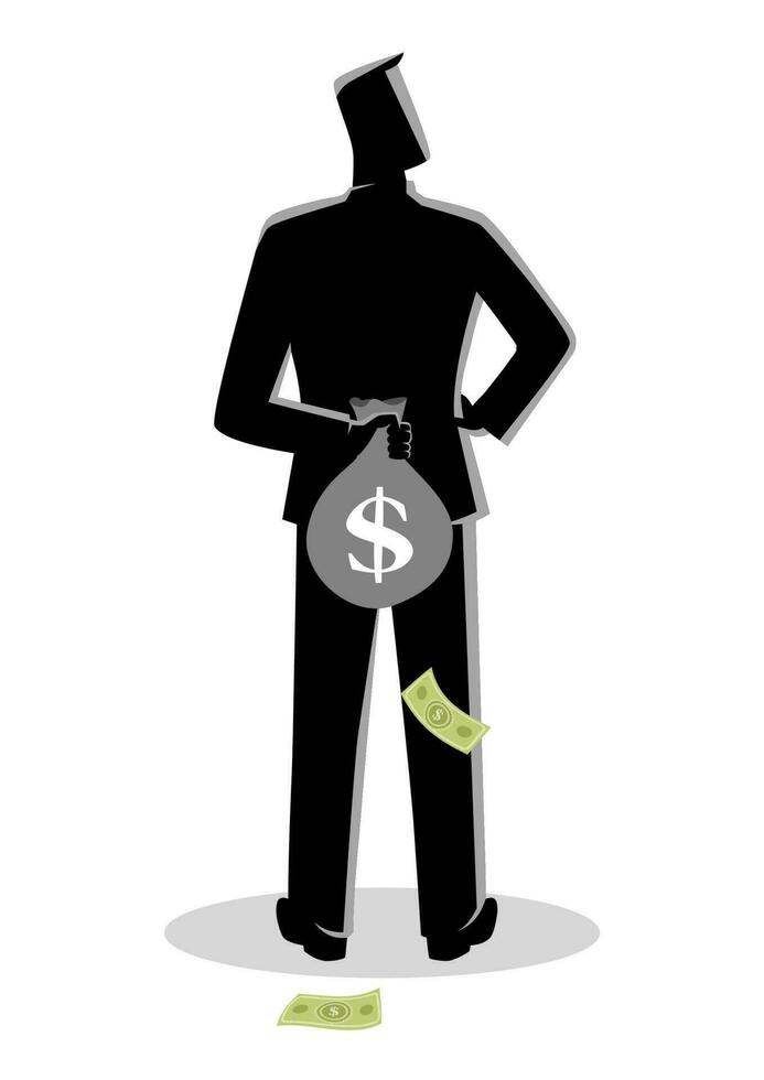 Man hiding a money bag behind his back vector