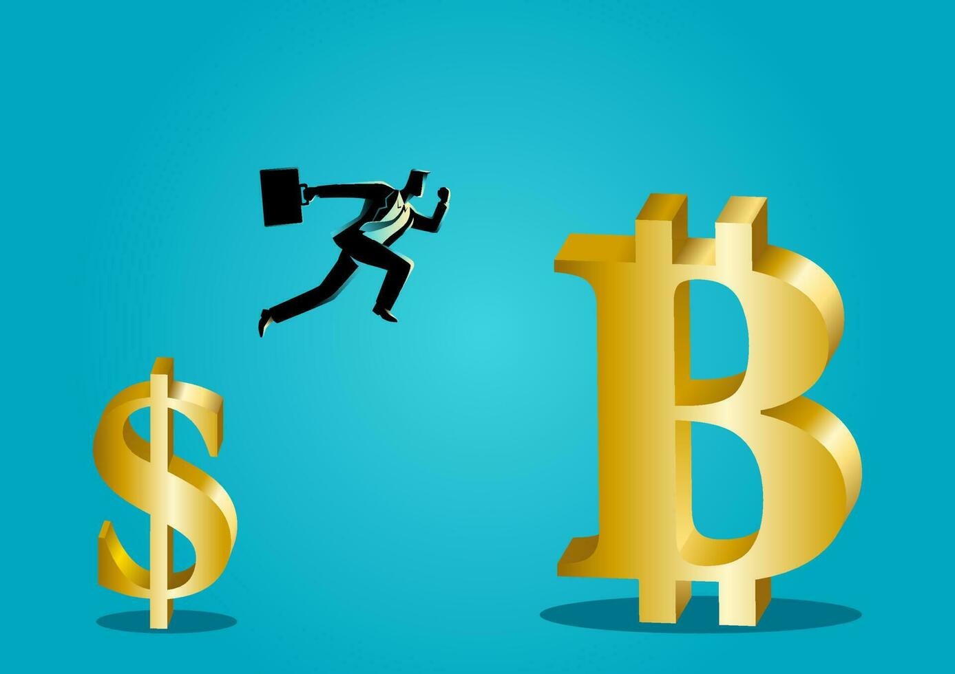 empresario saltos desde pequeño dólar símbolo a grande bitcoin símbolo vector