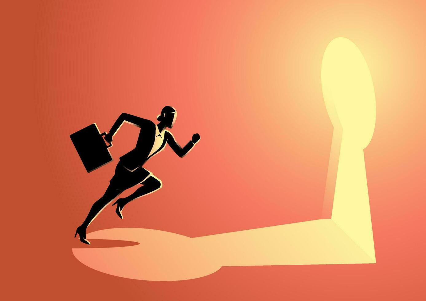 Businesswoman running towards a key hole vector