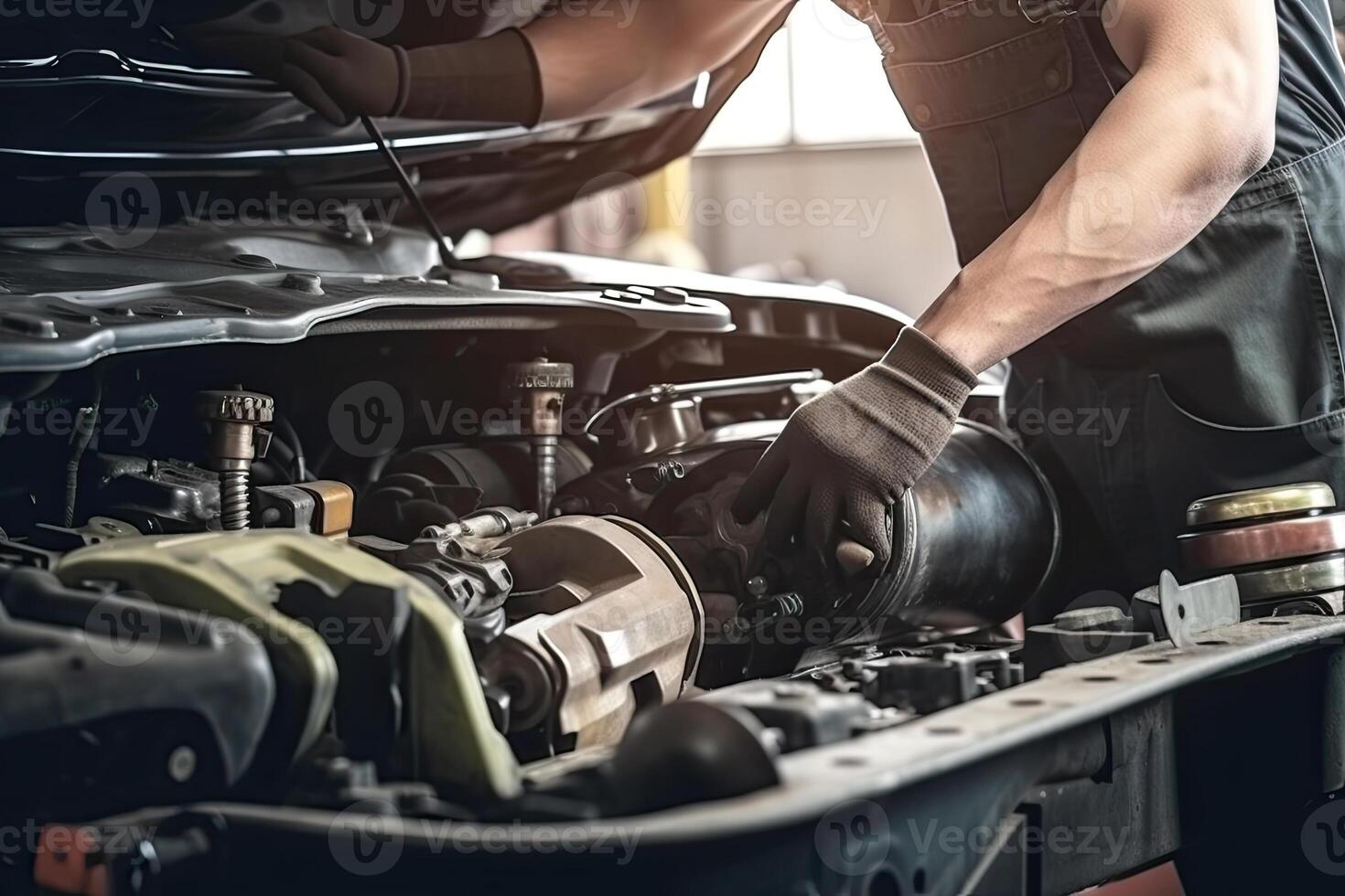 Auto mechanic working on car broken engine in mechanics service or garage. Transport maintenance wrench detia. photo