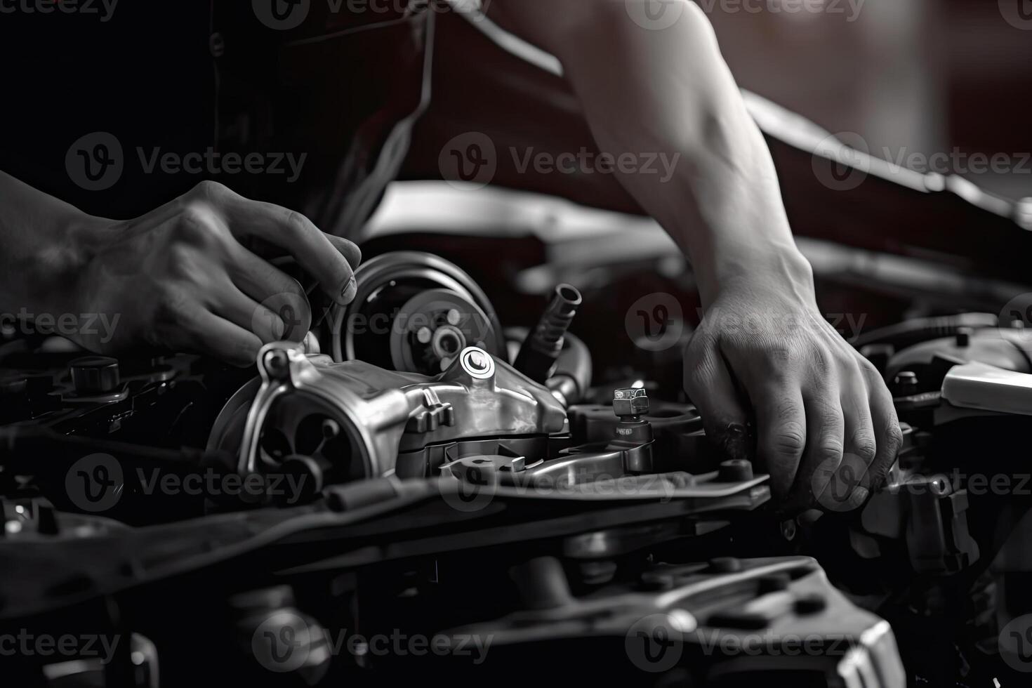 Auto mechanic working on car broken engine in mechanics service or garage. Transport maintenance wrench detia. Generative AI photo