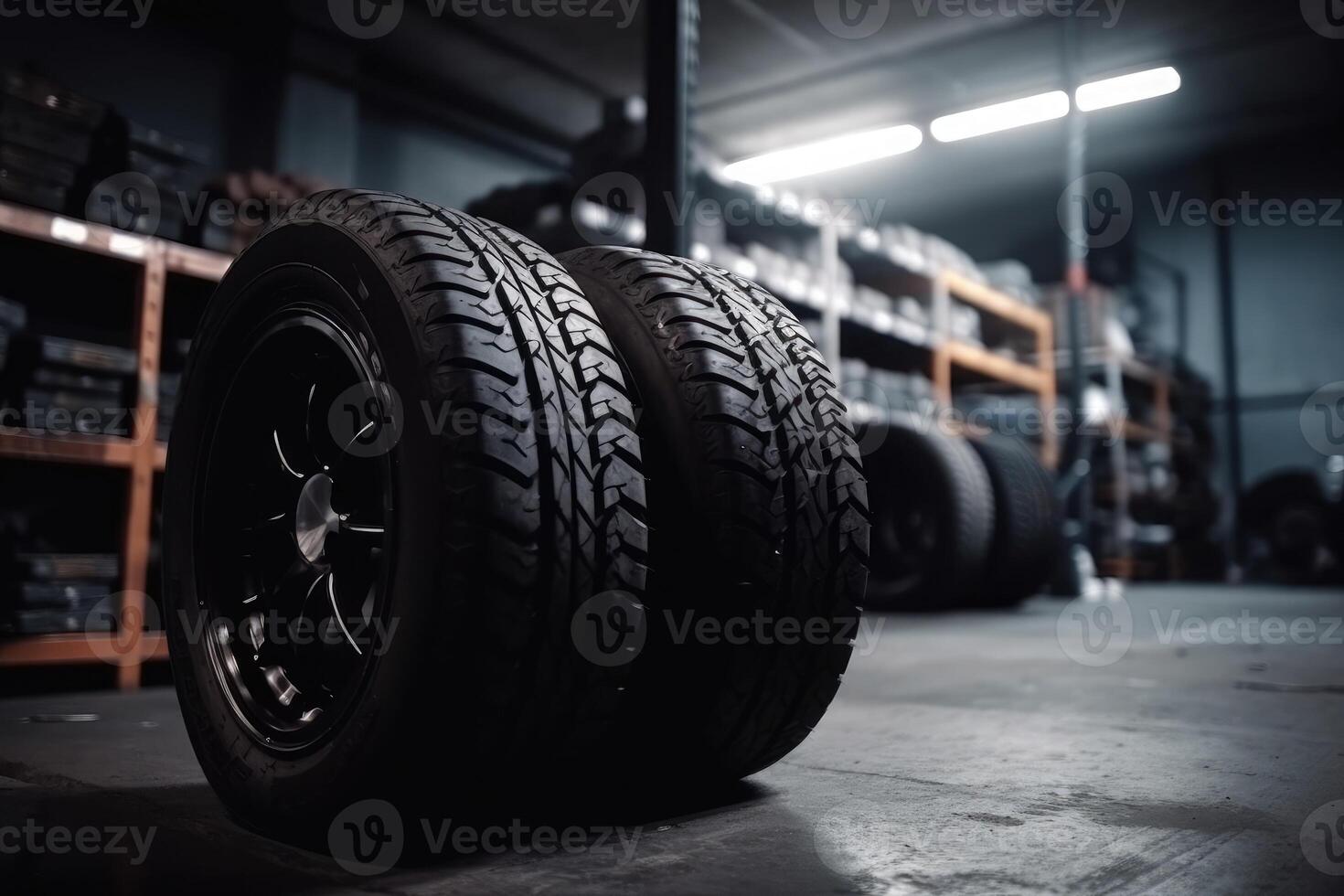 mecánico Servicio es cambiando nuevo llantas y ruedas en el garaje antecedentes. generativo ai foto