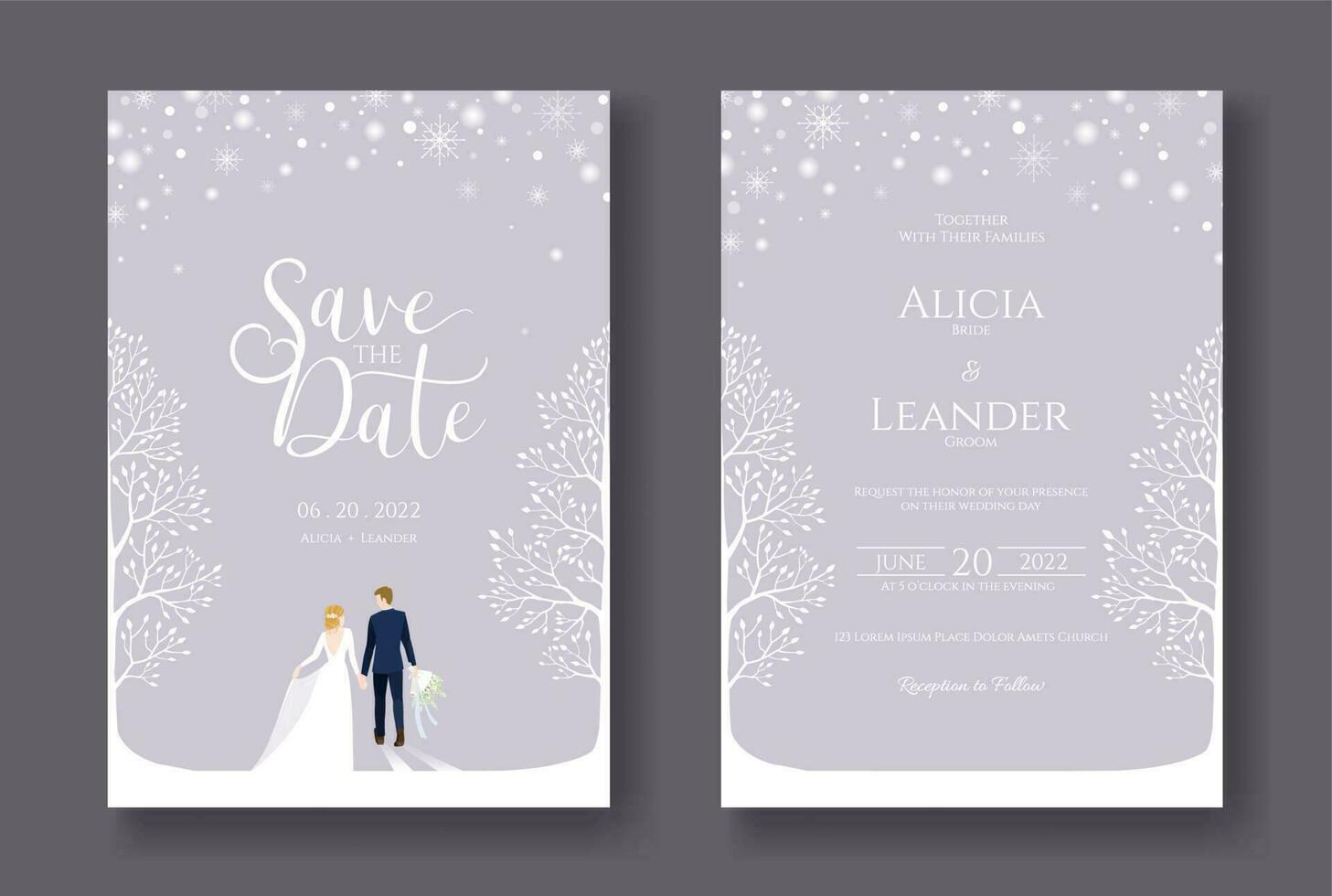 conjunto de Boda tarjetas, invitación, salvar el fecha modelo. novia y novio caminando en invierno en Boda día imagen. vector. vector