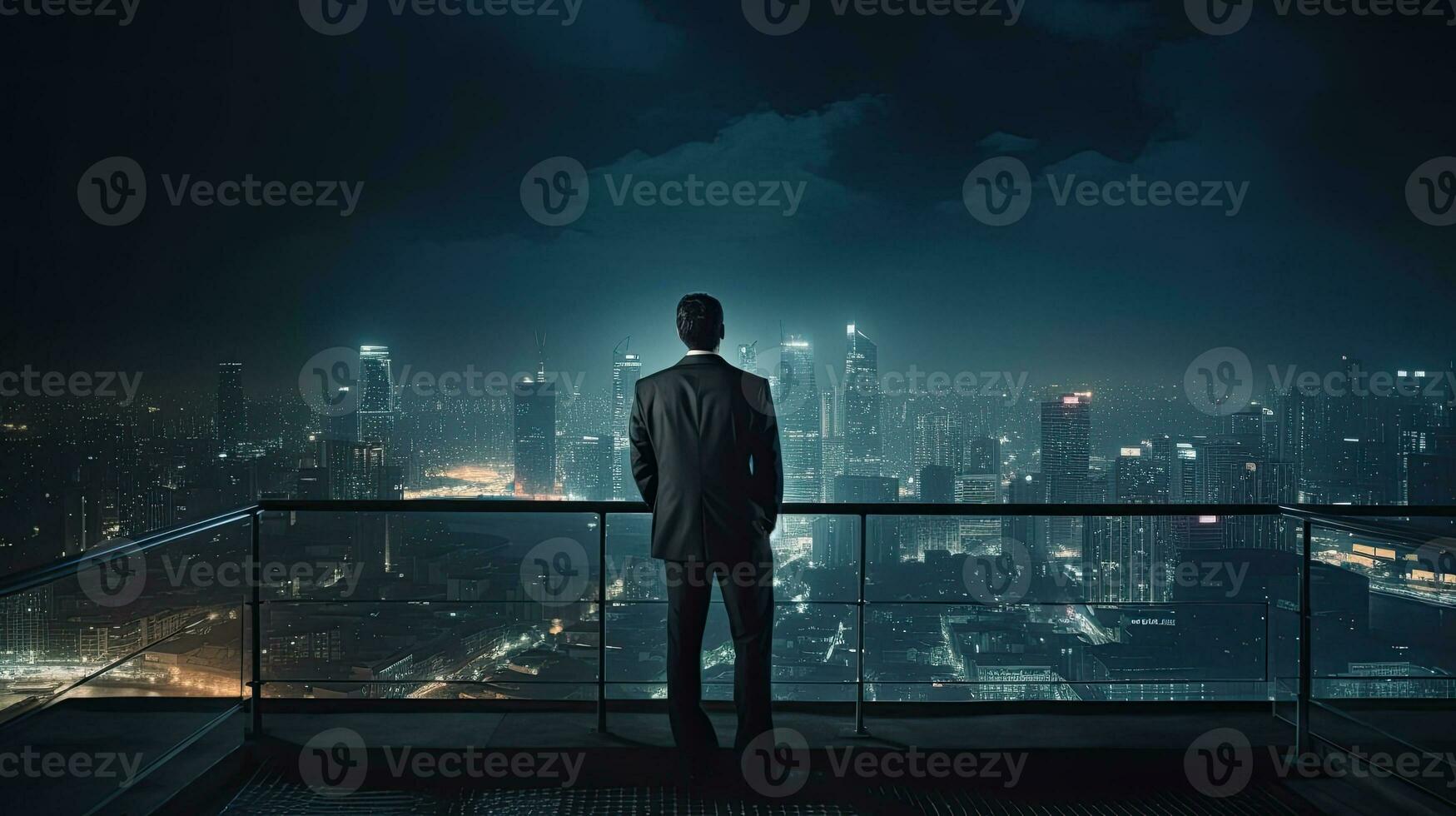 Businessman standing on balcony front view of city at night Business inspiration and vision photo