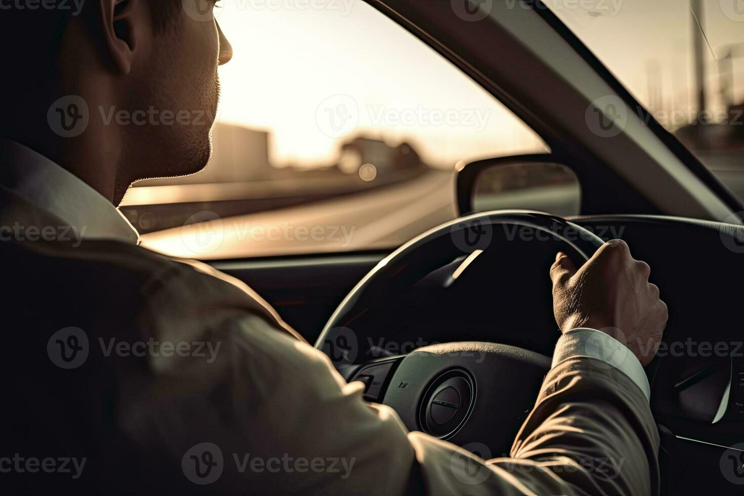Close up handsome young man in work suit holding steering wheel driving on highway road photo