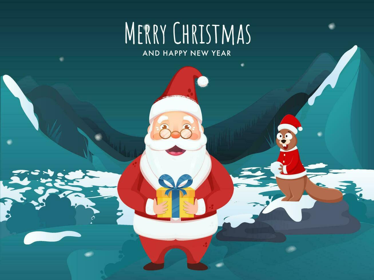 Illustration of Cheerful Santa Claus Holding Gift Box and Cartoon Squirrel on Snowy Teal Mountain Background for Merry Christmas and Happy New Year Celebration. vector