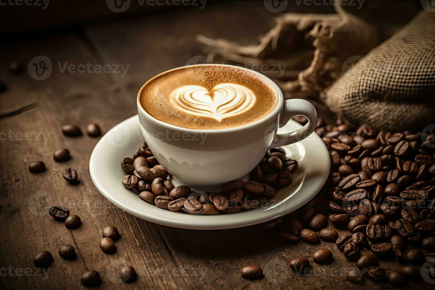 Coffee cup with latte art on wooden table background. photo