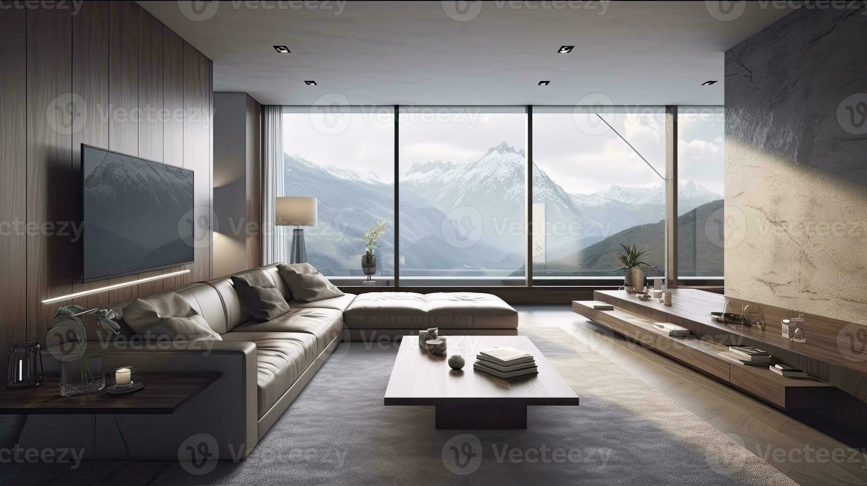 Modern luxury spacious penthouse living room interior design with comfortable sofa, coffee table, TV cabinet, TV on the wall and large glass window with mountain view photo