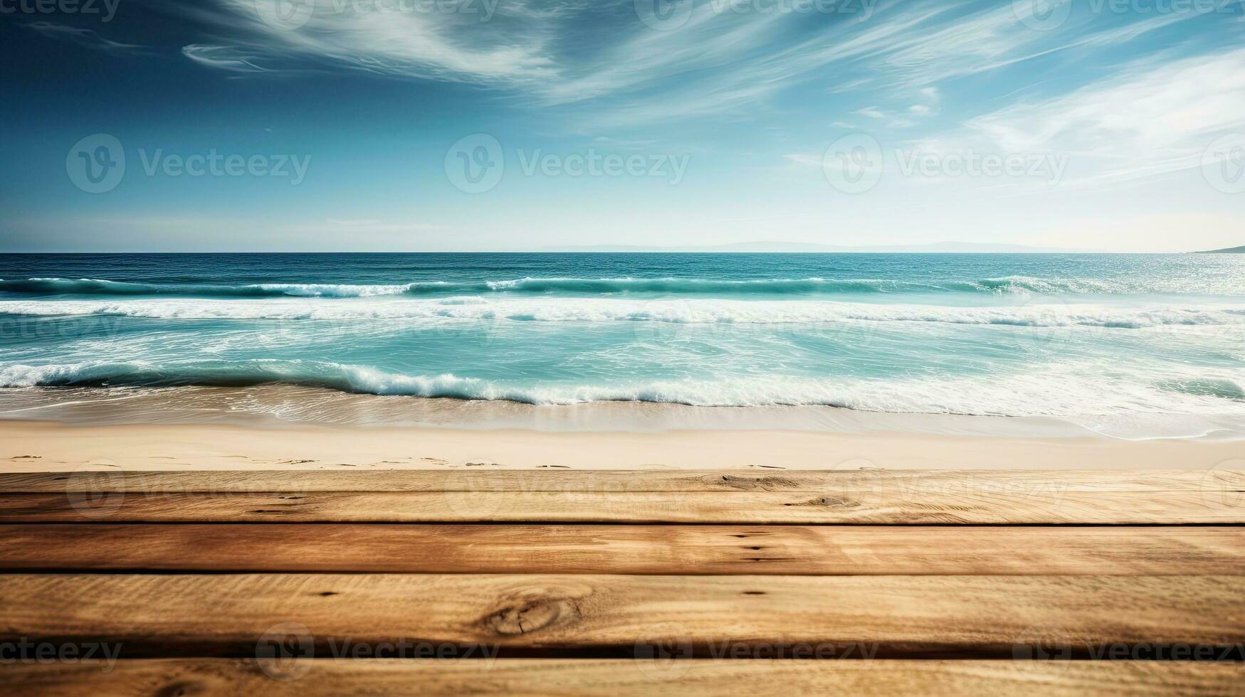 Wooden table, background with sunlight and sea in the background with copy space. photo