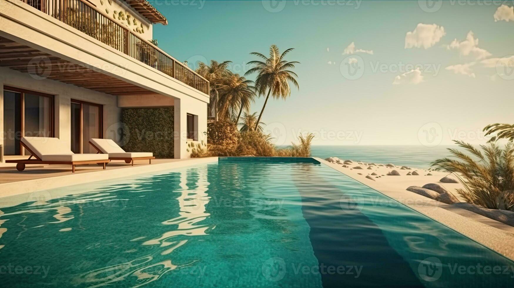 ilustración de piscina y villa recurso o playa casa. Dom tumbonas en broncearse cubierta y privado nadando piscina con mar ver a lujo villa recurso foto