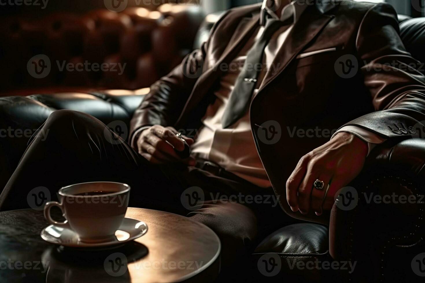 Close up. Young man in work clothes with hot coffee in a cafe photo