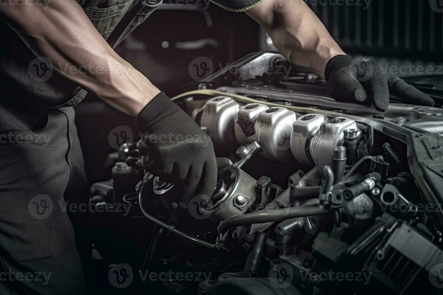 Auto mechanic working on car broken engine in mechanics service or garage. Transport maintenance wrench detia photo