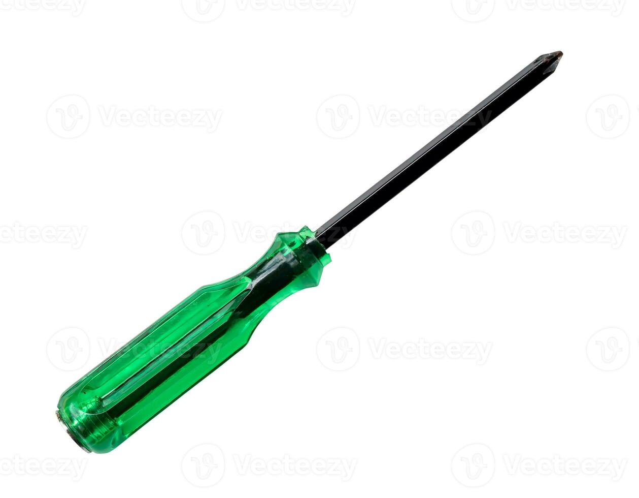 Black screwdriver with green handle isolated on white background with clipping path photo
