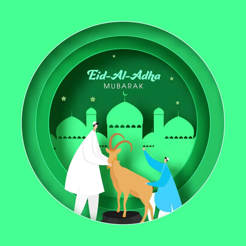 Green Paper Cut Circular Shape Background with Mosque and Muslim Men holding a Brown Goat on the Occasion of Eid-Al-Adha Mubarak. vector