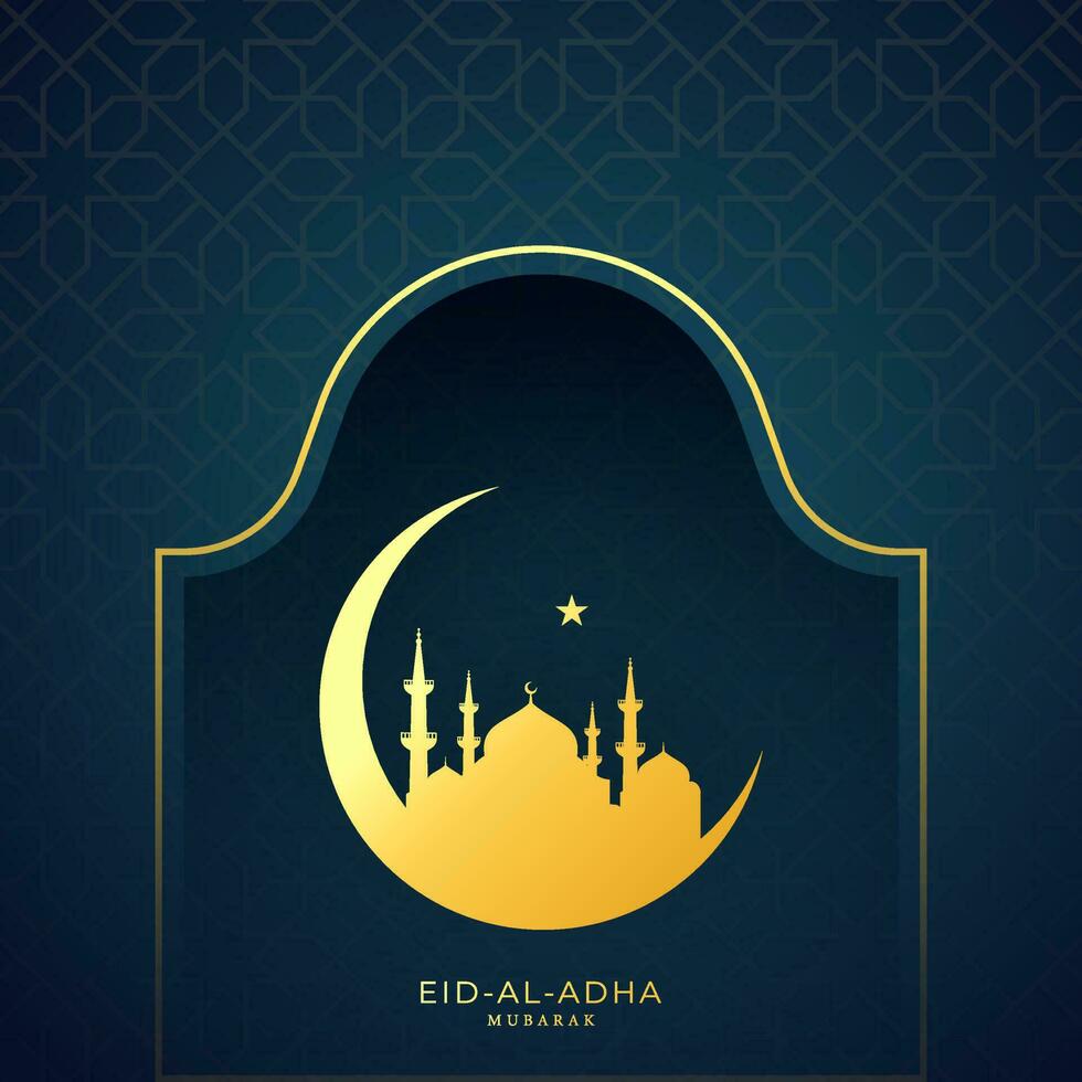 Eid al-Adha Mubarak texto con creciente luna, un estrella y mezquita en azul Arábica modelo antecedentes. vector