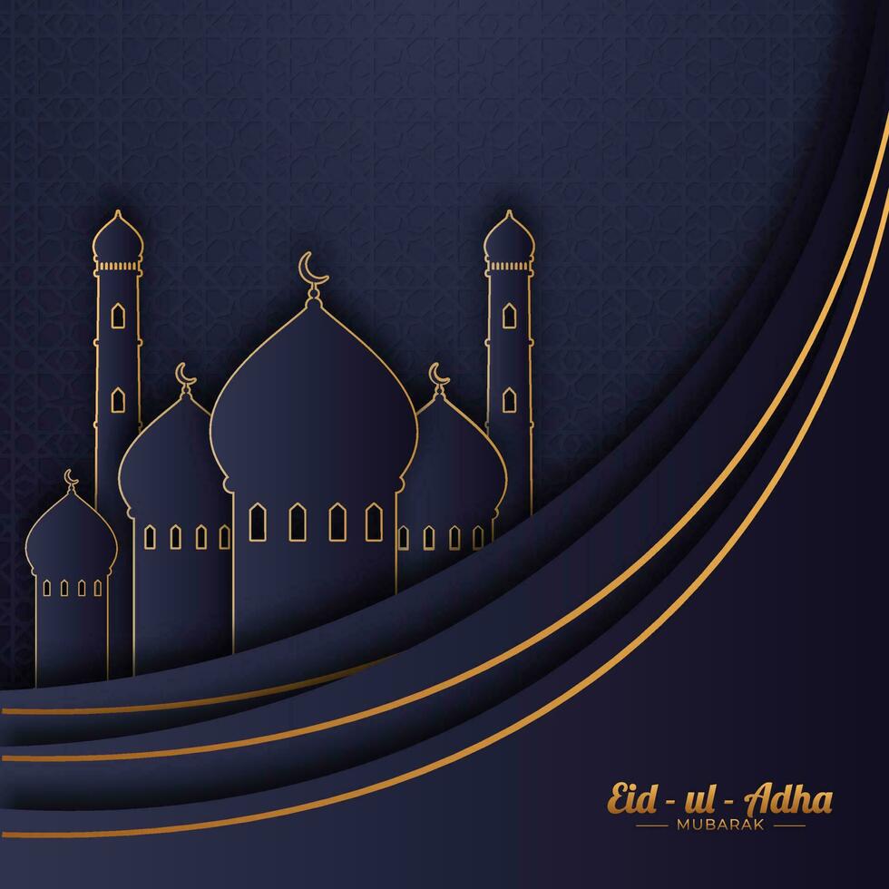 dorado eid-ul-adha Mubarak fuente con papel cortar mezquita en azul Arábica modelo antecedentes. vector