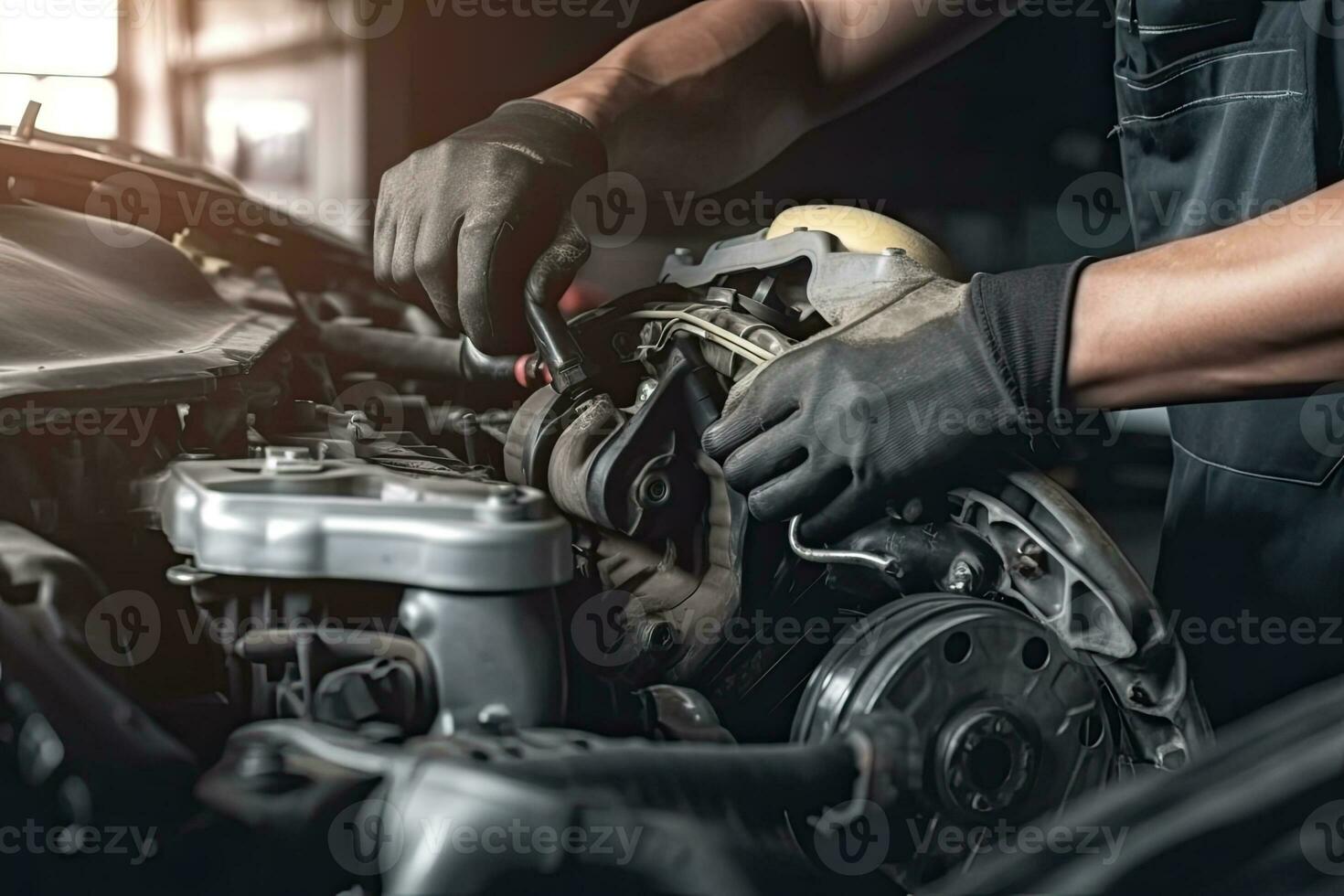 Auto mechanic working on car broken engine in mechanics service or garage. Transport maintenance wrench detia photo