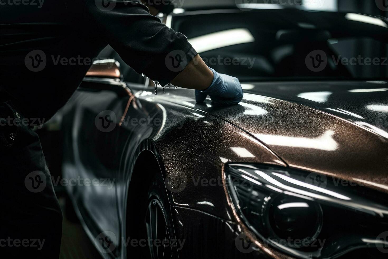 Close up of a auto body mechanic buffing a scratch on sports car photo