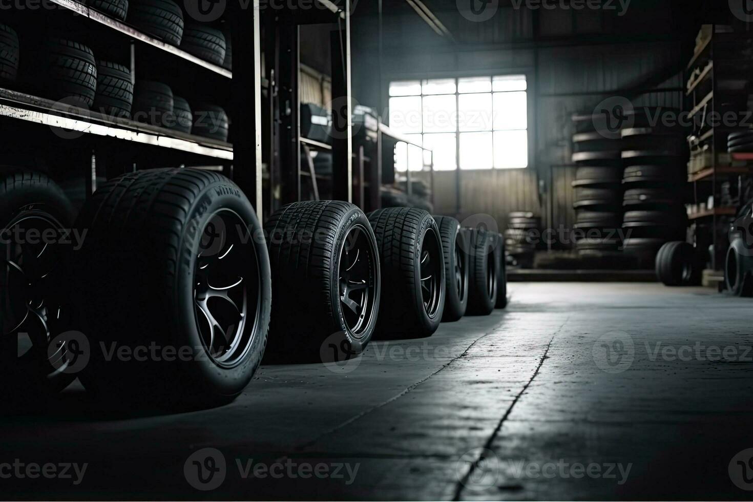 Mechanic service is changing new tires and wheels. on the garage background photo