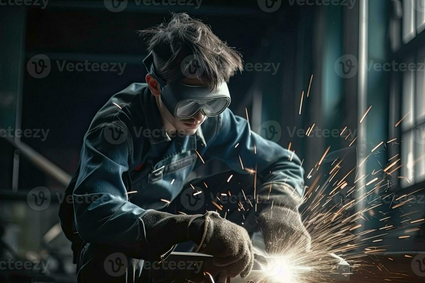 trabajador haciendo eléctrico molienda rueda en acero estructura en fábrica metal Procesando con un ángulo amoladora chispas en metal foto