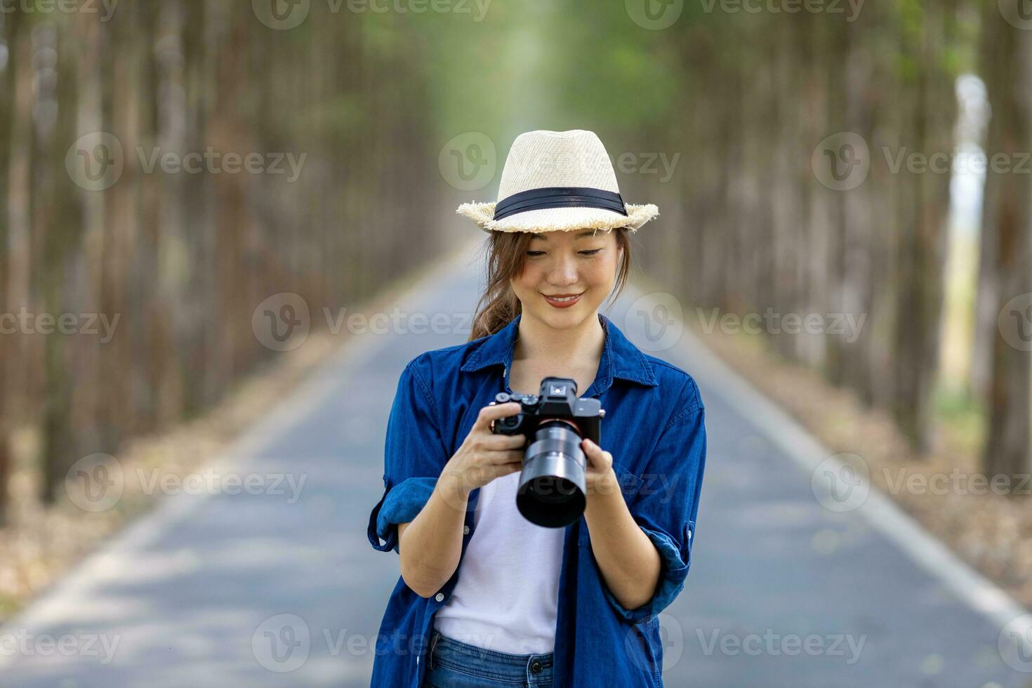 asiático turista mujer es tomando foto utilizando profesional cámara mientras teniendo vacaciones a el nacional parque mientras caminando en el la carretera con columna de árbol para viaje y fotografía concepto