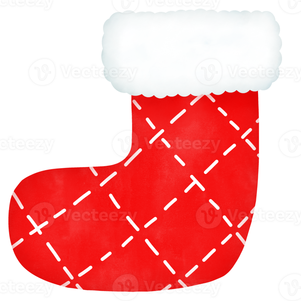 Red Christmas sock with white dash line pattern watercolor illustration png