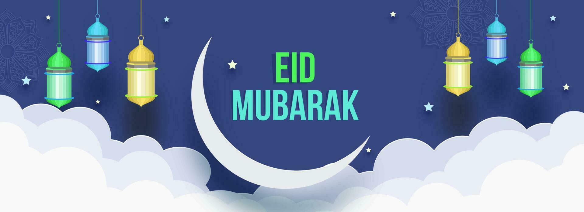 Decoration of Islamic festival elements for Eid Mubarak celebration on blue background with sky view scene. Website header or banner design. vector