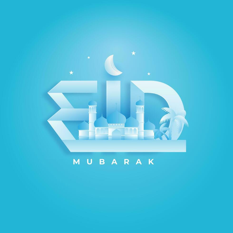 elegante texto de eid con decoración mezquita y Luna en cielo azul antecedentes. papel cortar estilo póster o bandera diseño. vector