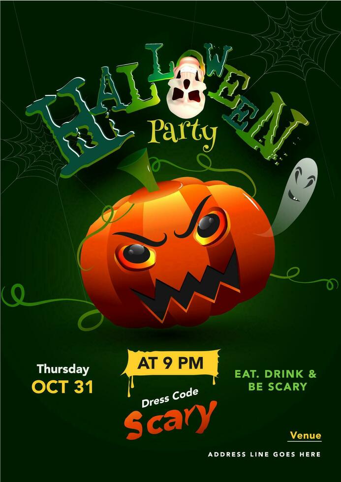 Halloween Party invitation card design with scary pumpkin, ghost, skull and event details on green background. vector