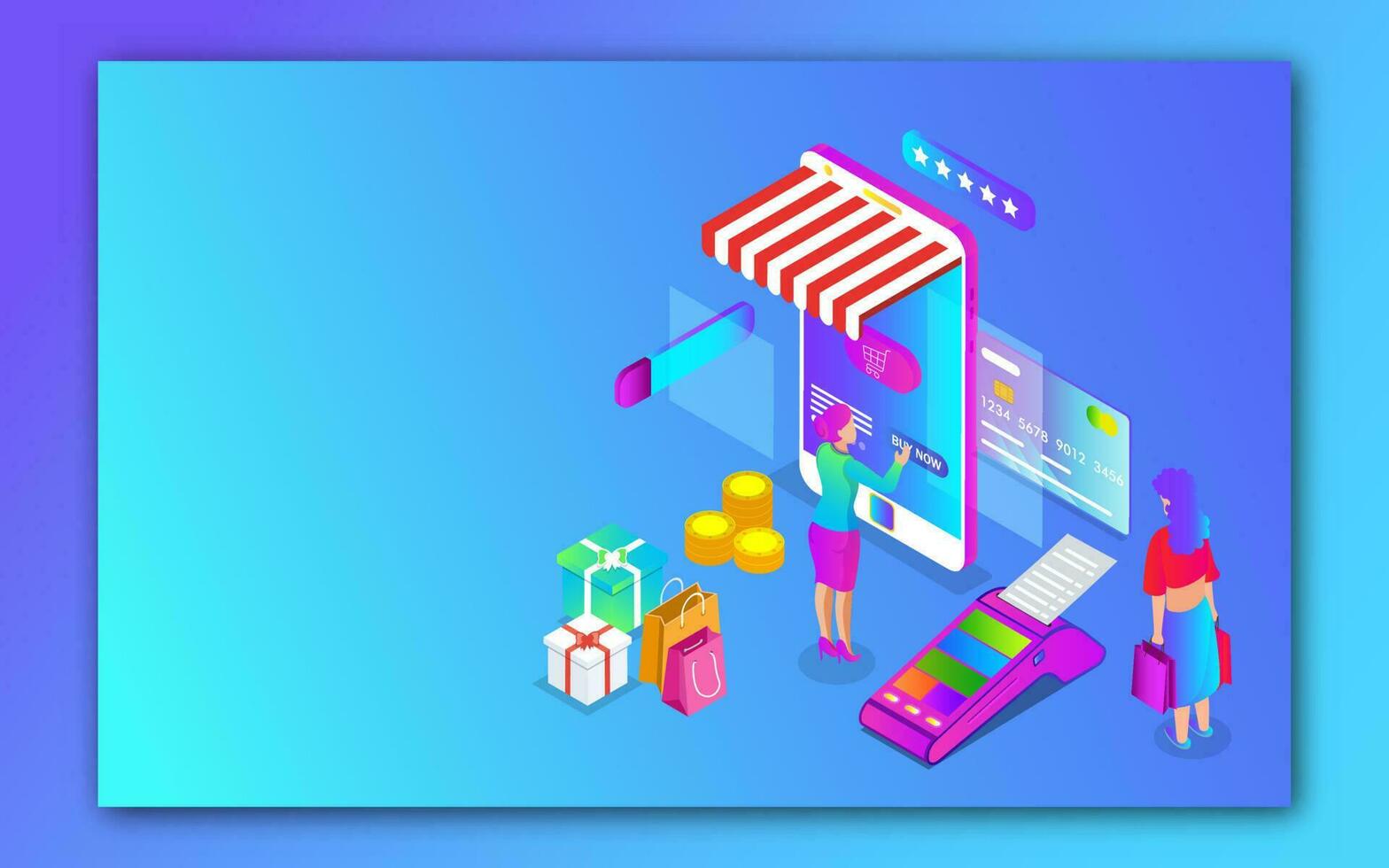 Isometric illustration of women online shopping from smartphone with POS machine, coin stack and gift boxes on blue background. vector