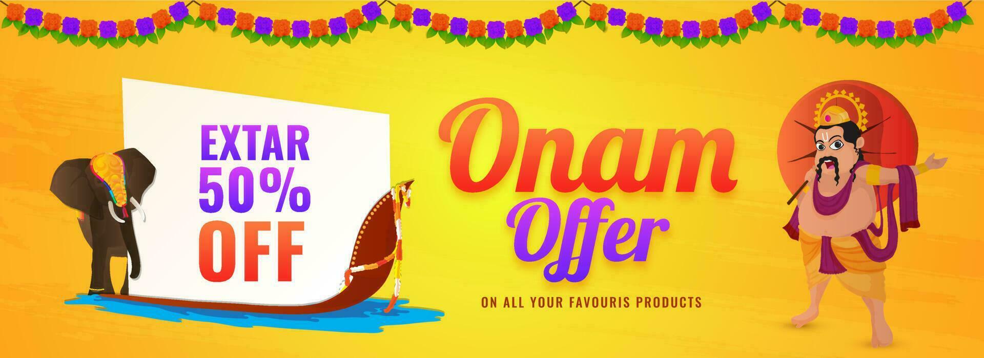 sitio web encabezamiento o bandera diseño con ilustración de Rey mahabali, elefante en serpiente barco y extra descuento oferta para onam festival rebaja concepto. vector