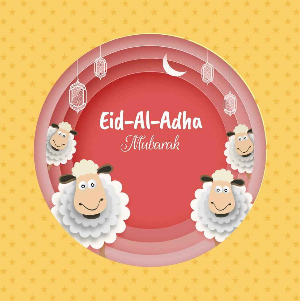 Paper cut style poster or banner design with cartoon character of sheep and lantern decoration for Eid-al-Adha Mubarak festival. vector