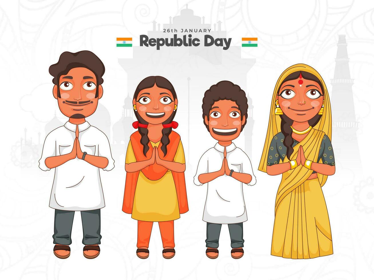 indio familia haciendo namaste Bienvenido en India famoso monumentos blanco antecedentes para 26 enero, república día celebracion. vector