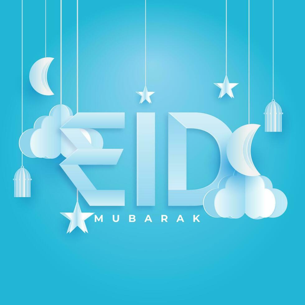 elegante texto de eid con decoración de colgando luna, nubes y linterna en cielo azul antecedentes. papel cortar estilo póster o bandera diseño. vector
